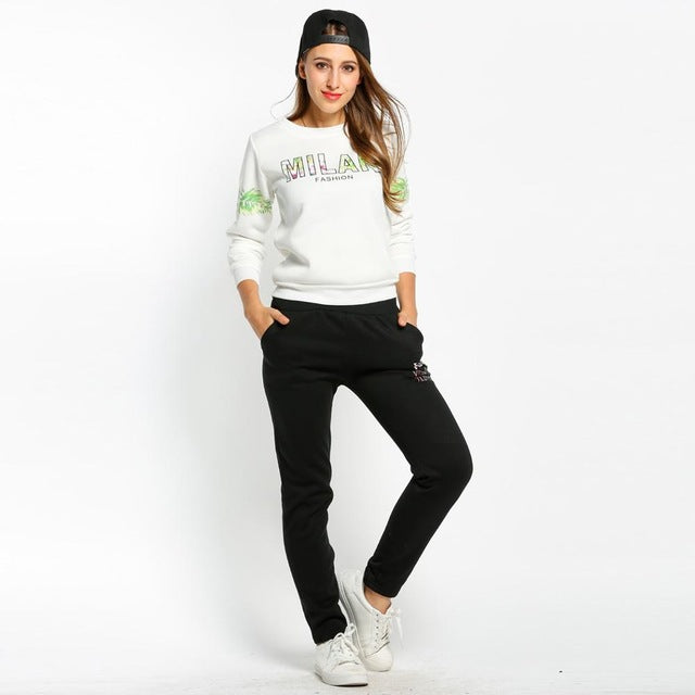 Printed Long Sleeve Female Pullover Hoodies Sweatshirts Long Pants 2PCS Set