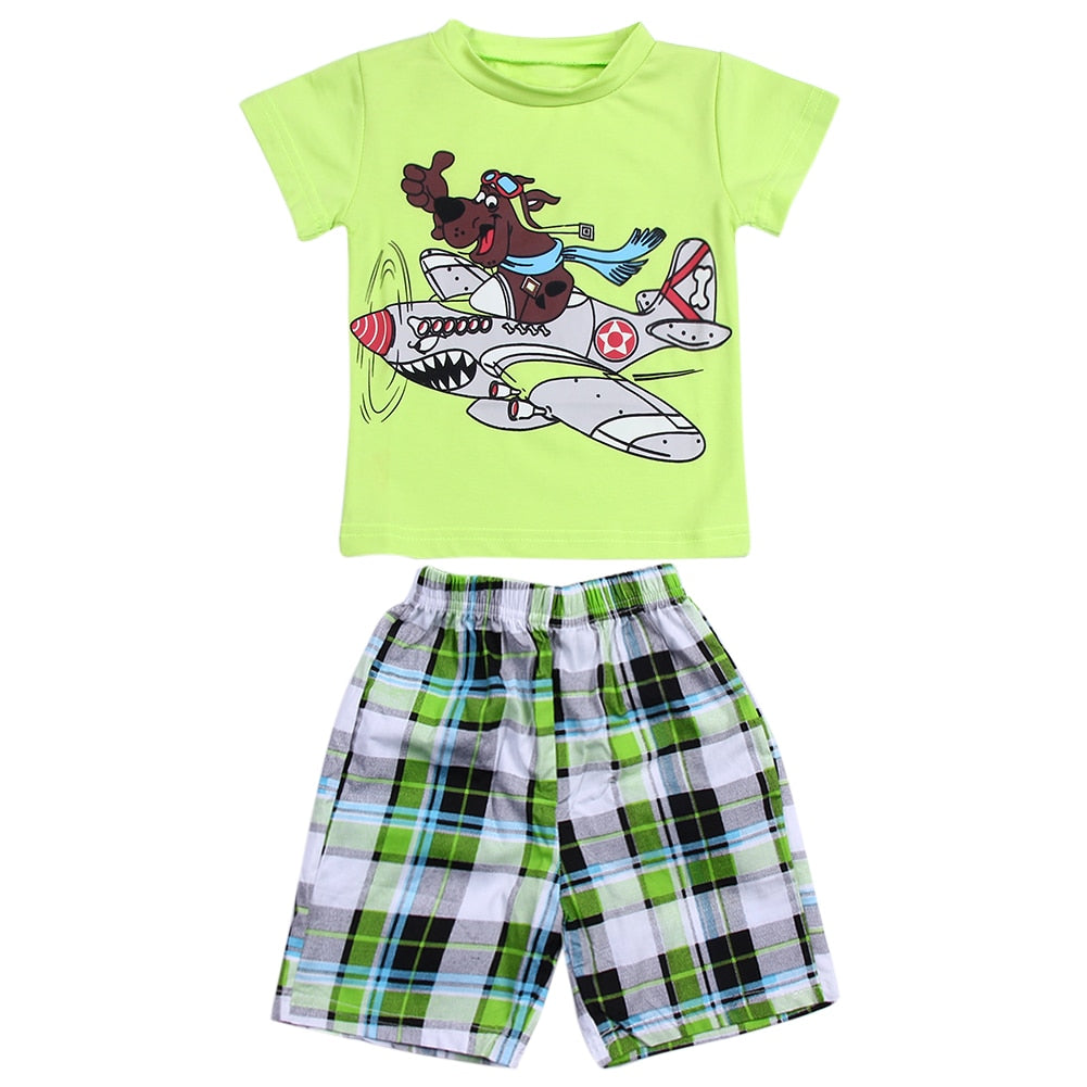 Cartoon Dog Print Baby Clothing Suit Short Shirt Plaid Pants Infant Clothes Set Green