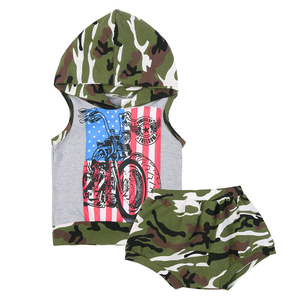 2pcs Boys' Suits Hooded Camouflage Sleeveless Coat +Short Pants Child Clothing Suits