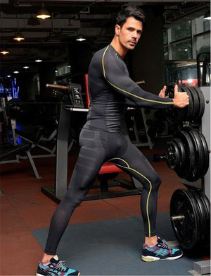 Men fitness activewear sets [top and leggings] long sleeve t shirts trouser quick dry elastic compression brand clothing