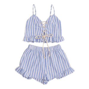 Women Summer Two Piece Set Blue Striped Sleeveless Lace Up Smocked Crop Cami and Ruffle Shorts Co-Ord