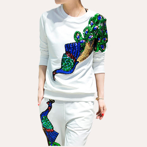 Women Tracksuits Brand Set Sequin Graphic Phoenix /Peacock  2 Piece Set Plus Size 3XL S67252R