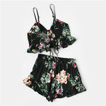 Women Summer Black Botanical Print Lace Up Smocked Cami and Ruffle Shorts Co-Ord Two Piece Set Top and Pants