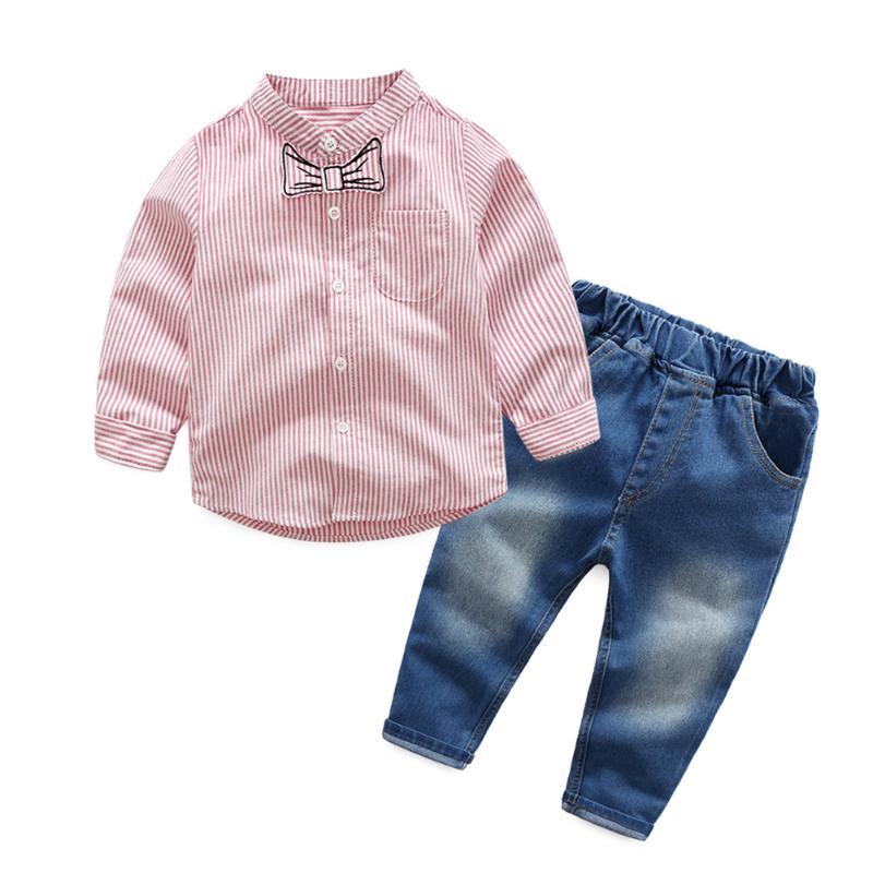 2pcs/set Baby Boy Shirt Tops +Denim Pants Suit Set Vertical Stripes Trousers Jeans