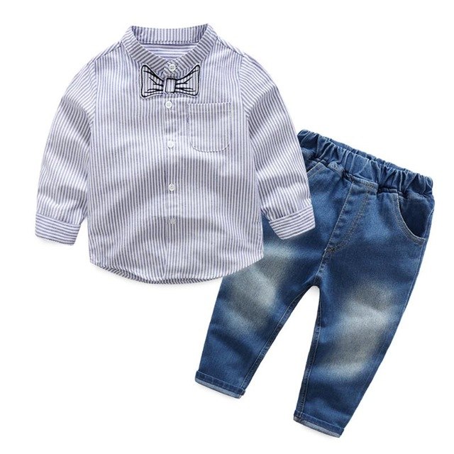 2pcs/set Baby Boy Shirt Tops +Denim Pants Suit Set Vertical Stripes Trousers Jeans