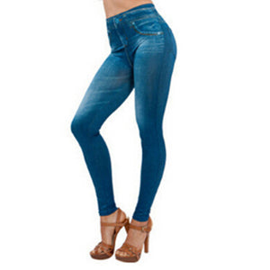 Slim Women Leggings Faux Denim Jeans Pocket Printing  Leggings Casual