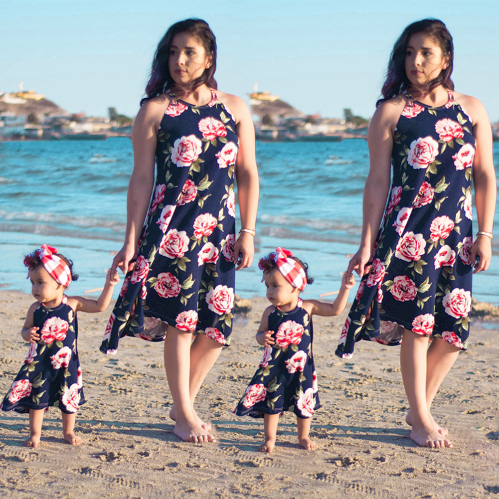 Summer Fashion Family Matching Outfits Mother Daughter Sleeveless Floral Printed Slip Dresses Parent Child Outfits