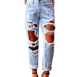 Womens Glistening Ripped Jeans Destructed Hole Denim Trousers Light