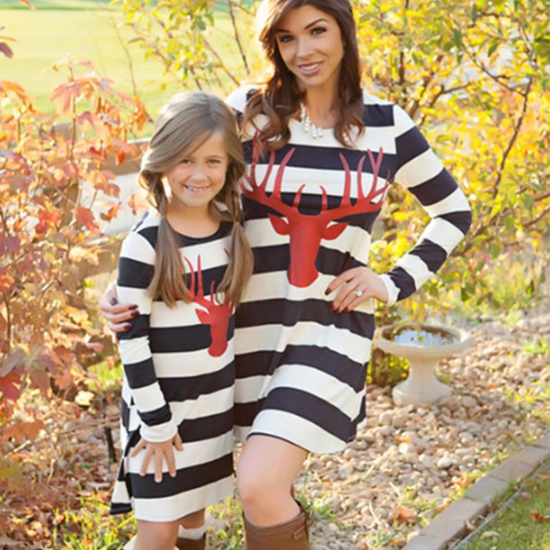 Autumn Family Matching Outfits Mother Daughter Stripe Long Sleeve Dress Cartoon Deer Head Print T-shirt Dress Girls Clothing