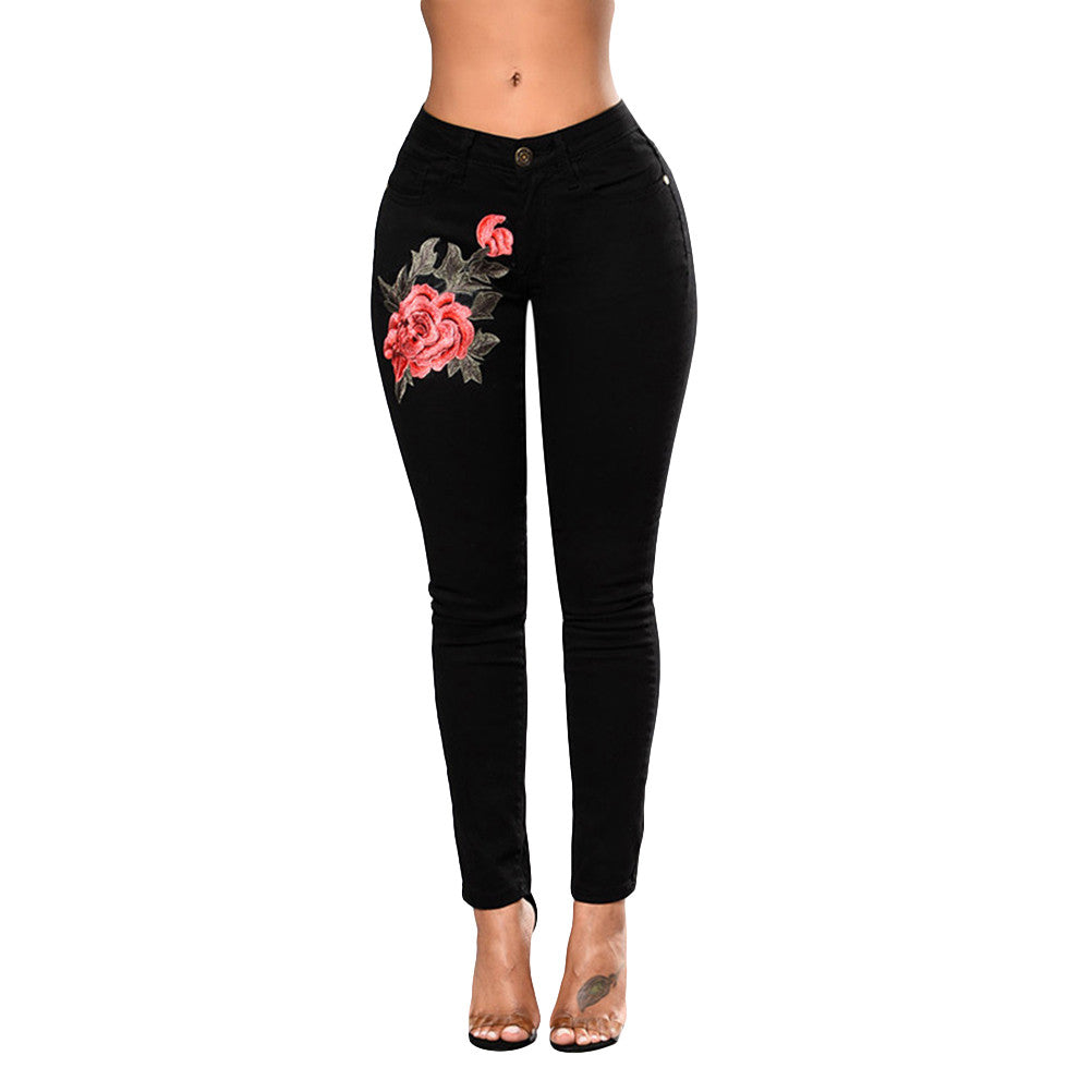 Women Flower Embroidered Jeans High Waist Butt Lift Hip Fashion Skinny (Black)
