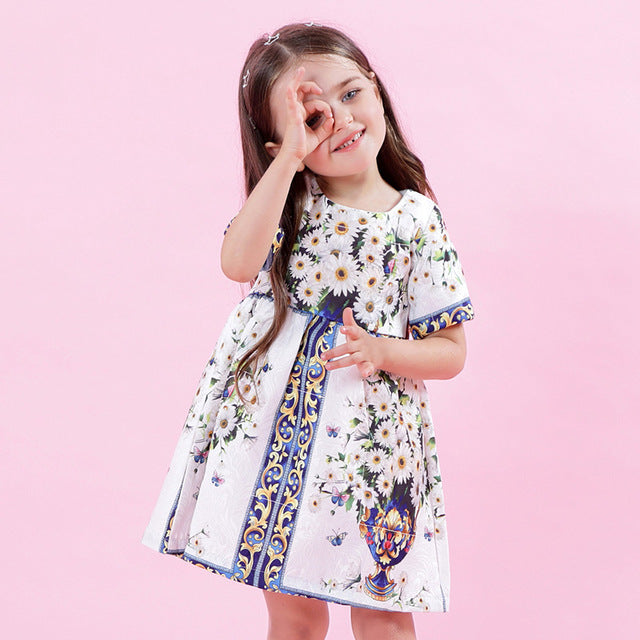 Girls Dress 2018 New Spring European and American Style Princess Dresses Flowers Printing Children Clothing For 3-8Y