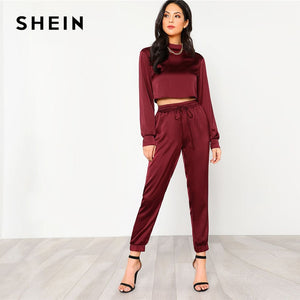 SHEIN Satin Mock Neck Crop Pullover & Sweatpants Set 2018 Burgundy Stand Collar Long Sleeve Pocket Casual Women 2 Pieces Sets