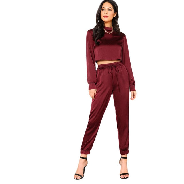 SHEIN Satin Mock Neck Crop Pullover & Sweatpants Set 2018 Burgundy Stand Collar Long Sleeve Pocket Casual Women 2 Pieces Sets
