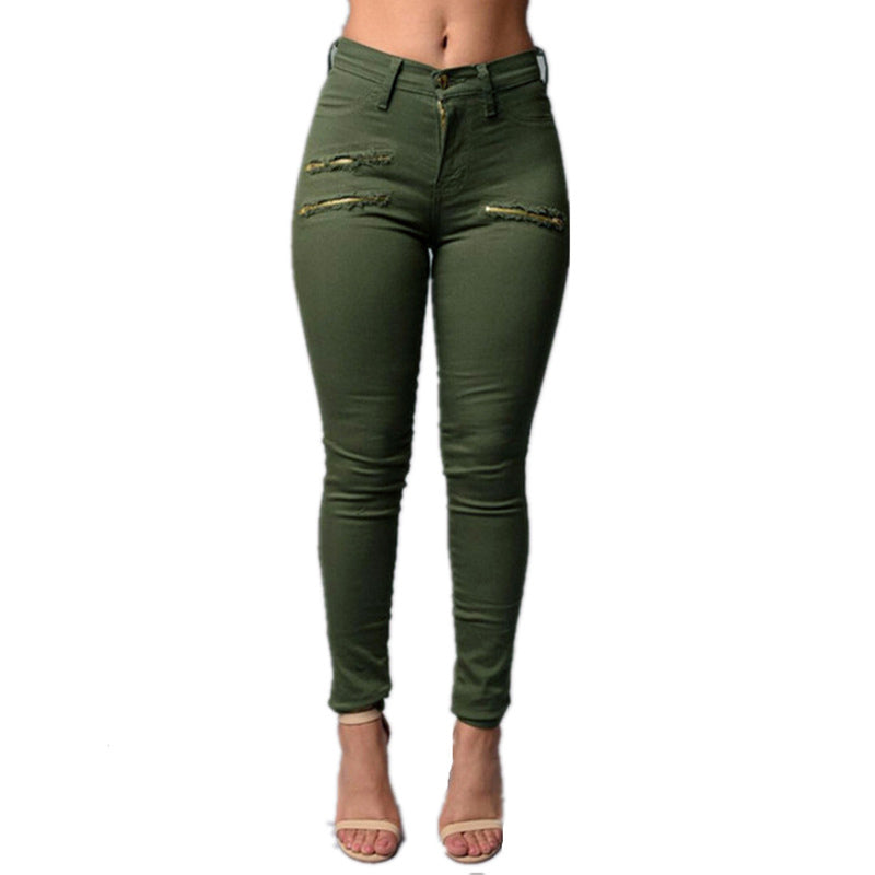 Women Sexy Ripped Zipper Jeans Ladies High Waist Skinny Pencil Pants Capris Solid Casual Denim Trousers