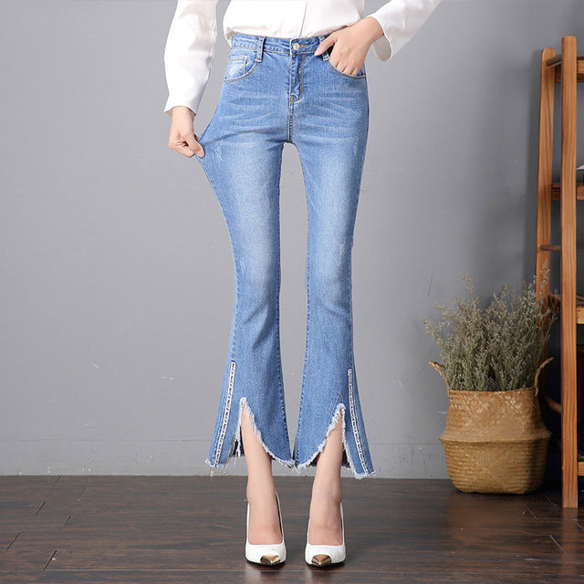 Ankle-Length Jeans Women Spring Split Flare Pants  Washed Denim Women Jeans Middle Waist Trousers