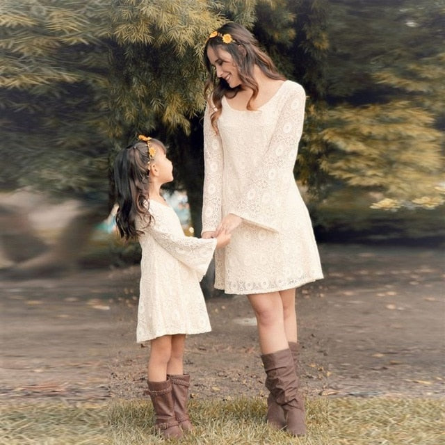 Mother Daughter Family Matching Clothes Long Sleeve Lace Dresses Outfits Short
