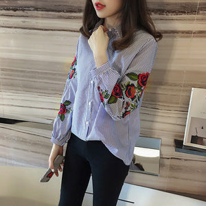 Women Stripe shirt loose flowers embroidery blouse casual shirt