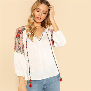Bohemian Boho Floral Mesh Blouse Shoulder Pom Pom Embroidery Chic Tunic Top