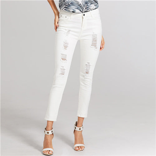 White Ripped Skinny Jeans Mid Waist Pencil Pants Women Button Fly Office Ladies Workwear Denim Pants