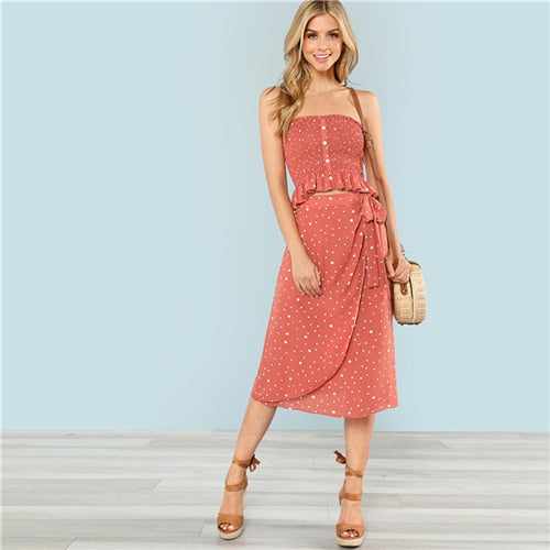 Red Vacation Boho Bohemian Beach Polka Dot Off the Shoulder Button Front Top And Skirt Summer Sexy Twopiece For Women