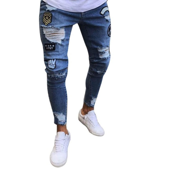 Fashion Men Slim Biker Zipper Denim Jeans Skinny Frayed Pants Distressed Rip Trousers hip hop summer tops for men 2018