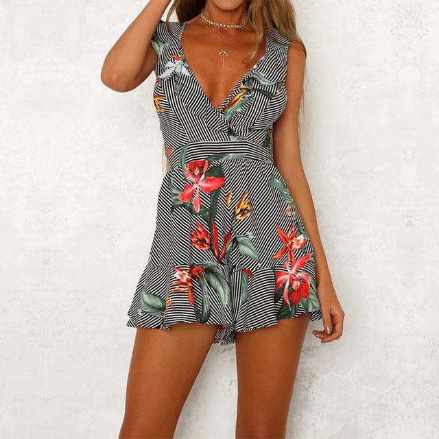 Floral Print Summer Rompers Women Sexy Deep V Backless Elegant Striped Ruffles BodySuit Casual Boho Party Mini Jumpsuit Girls