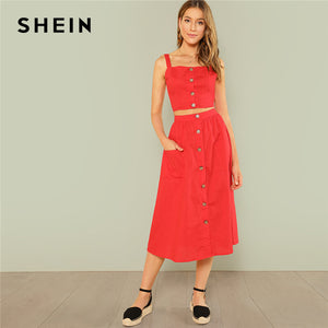 SHEIN Red Elegant Button Up Crop Straps Cami Top And Flare Skirt Set Summer Women Women Casual Twopiece