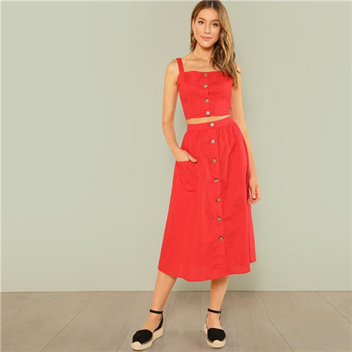 SHEIN Red Elegant Button Up Crop Straps Cami Top And Flare Skirt Set Summer Women Women Casual Twopiece