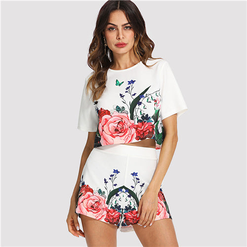 Multicolor Elegant Floral Round Neck Short Sleeve Button Crop Top And Shorts Set Summer Women Weekend Casual Twopiece