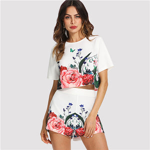 Multicolor Elegant Floral Round Neck Short Sleeve Button Crop Top And Shorts Set Summer Women Weekend Casual Twopiece