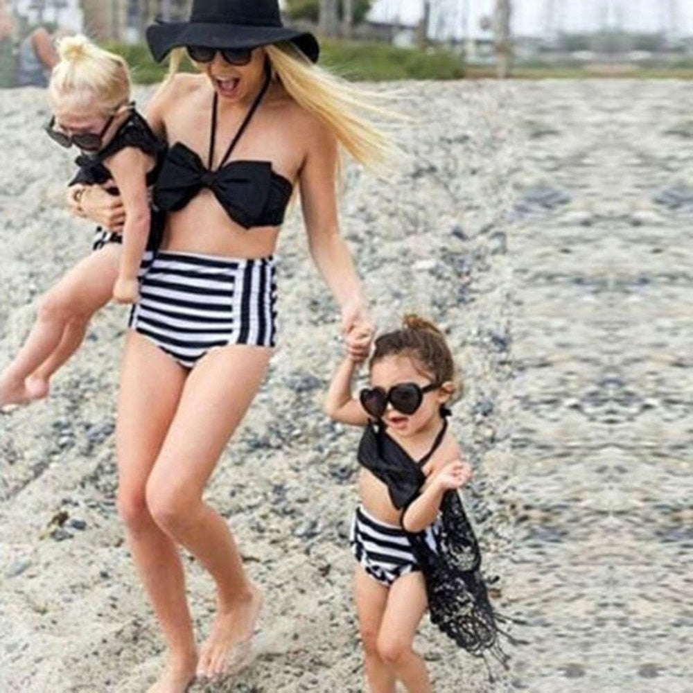 Family Matching Swimwear Mother Daughter Stripes Bow Bikini Printed