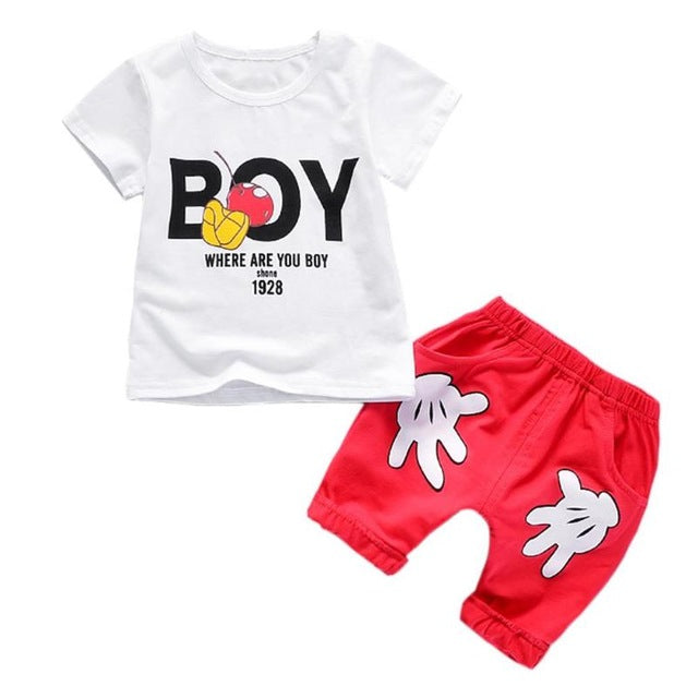 2pcs/Set Baby Boys Clothes Set Boy Letter Print Short Sleeve O-neck Casual Cute T-shirt + Elastic Palm Print Shorts Clothing Set
