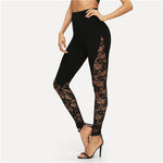 Black Sexy Elegant Sheer Floral Lace Insert Skinny Leggings Summer Women Going Out Trousers