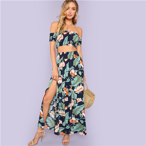 Multicolor Vacation Bohemian Beach Jungle Leaf Print Shirred Crop Top and Slit Skirt Summer Women Casual Two Piece Set
