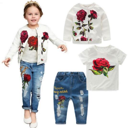 New Spring/Autumn Girls Sets Fashion Rose Girls Clothes 3pcs 2-10Y Kids Clothes Girls Long Sleeves Flower Children Clothing set