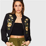 Streetwear Black Floral Embroidered Long Sleeve Women Bomber Jacket New Zipper Placket Polyester Casual Jackets