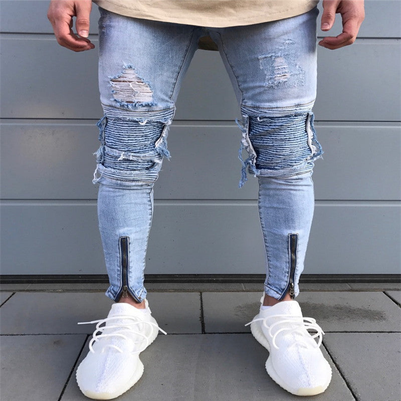 Pleated patchwork Straight Washed Trousers Slim Fit Ripped holesZip skinny blue  Denim jeans 2018 Men Pleated Biker Jeans Pants