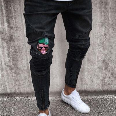 Men's black trousers embroidery jeans Straight High Stretch Feet skinny