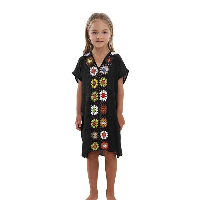 Kids Girls Women Mom Fashion Loose Hollowed-Out Crochet Flowers V-Neck Beach Short Sleeve Dress Family Matching Clothes