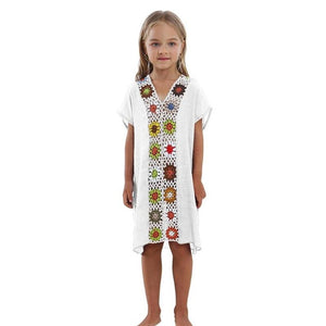 Kids Girls Women Mom Fashion Loose Hollowed-Out Crochet Flowers V-Neck Beach Short Sleeve Dress Family Matching Clothes