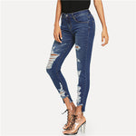 Blue Mid Waist Skinny Ripped High Low Casual Jeans Button Fly Zipper Pockets Stretchy Women Denim Trousers