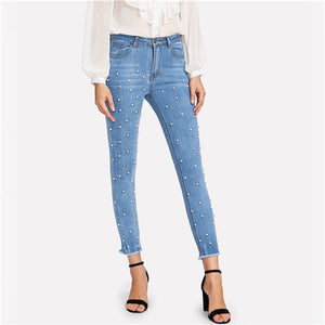 SHEIN Pearl Beaded Frayed Jeans 2018 Summer Blue Mid Waist Pocket Zipper Fly Jeans Women Hem Denim Casual Pants