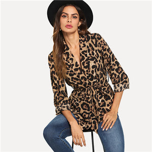 Multicolor Highstreet Office Lady Shawl Collar Belted Leopard Print Elegant Blazer