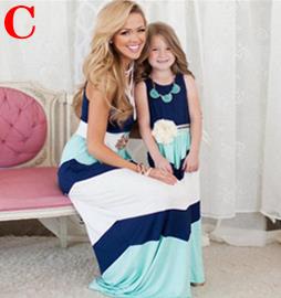 Family Matching Outfits Mother Daughter Dresses Contrast Blue A-Line Dress