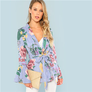 Blue Flounce Sleeve Floral Striped Print Coat Vacation Holiday Long Sleeve Belted Outer Women Bohemian Elegant Coat