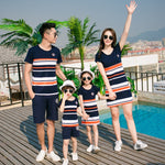 Family matching outfits pure cotton striped short sleeved fashion father boy girl T-shirts and shorts mother daughter dress