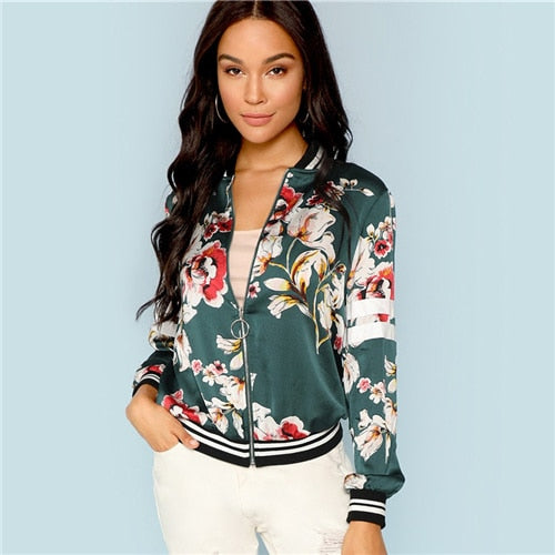 Green Multicolor Zip Up Floral Print Striped Jacket Casual Streetwear